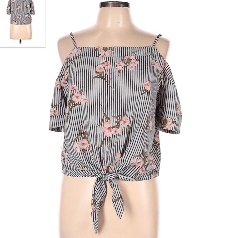 Paper Crane Tie Front Striped Floral Spaghetti Cold Shoulder Top Women's Large L